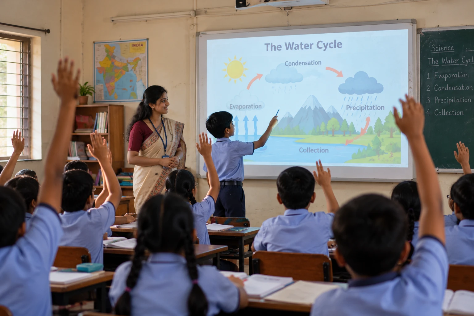 A student answering at a classroom panel