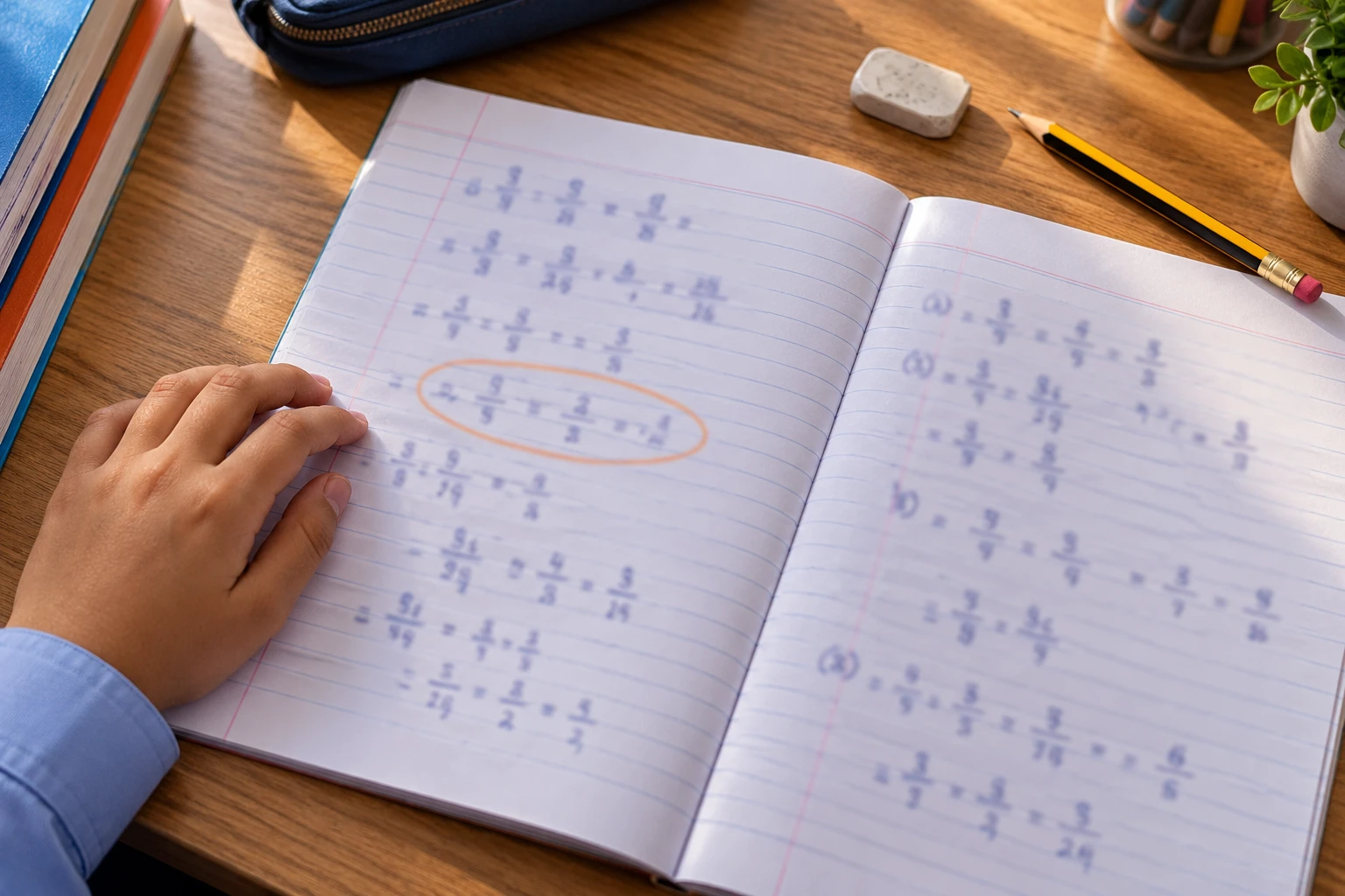 A school notebook with fraction working and one line circled