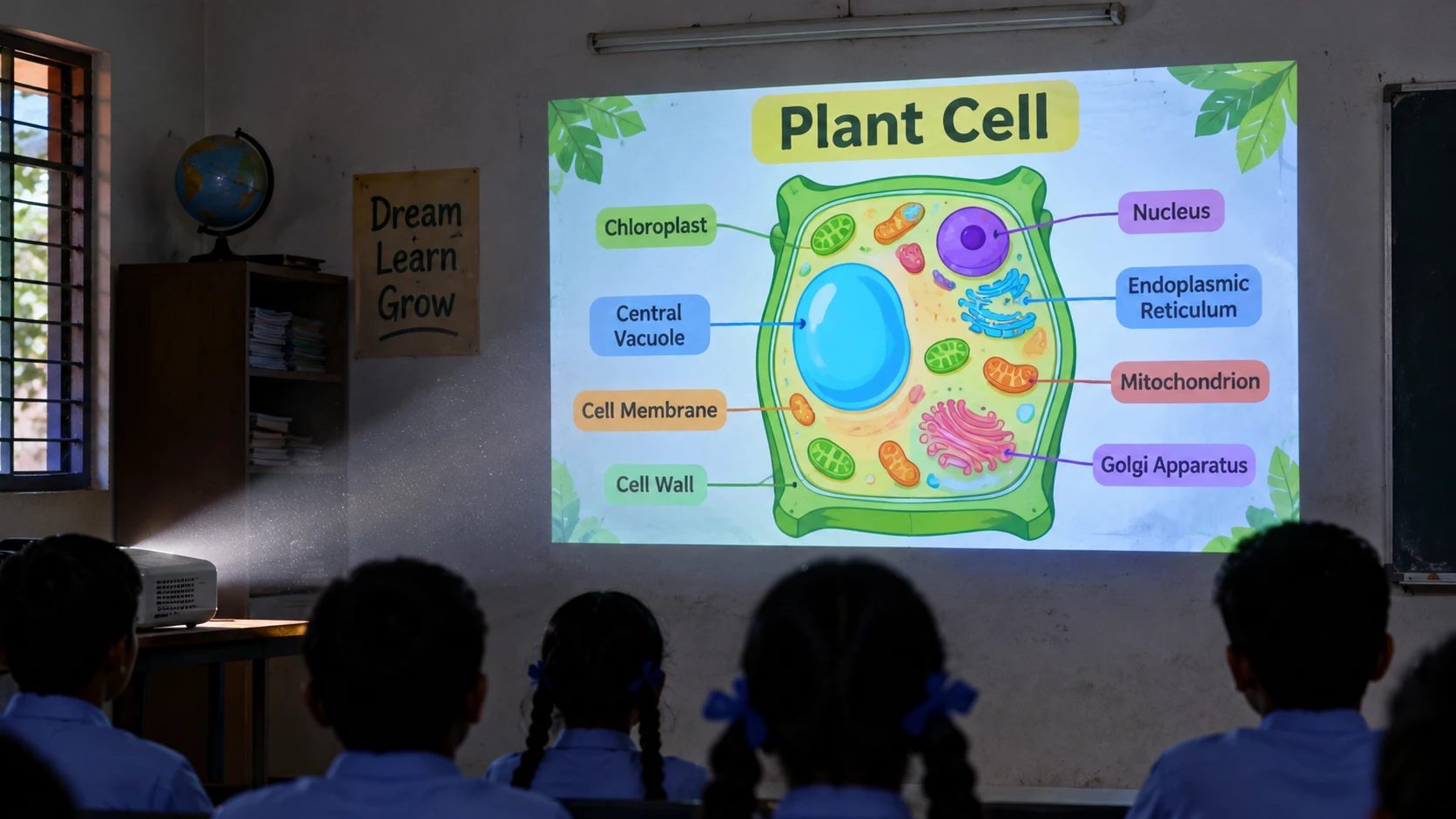 A plant cell diagram projected on a classroom wall