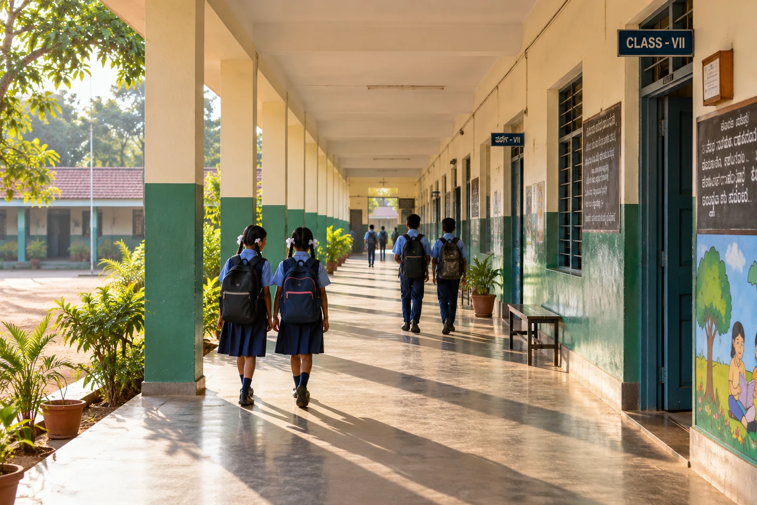 A school corridor in morning light