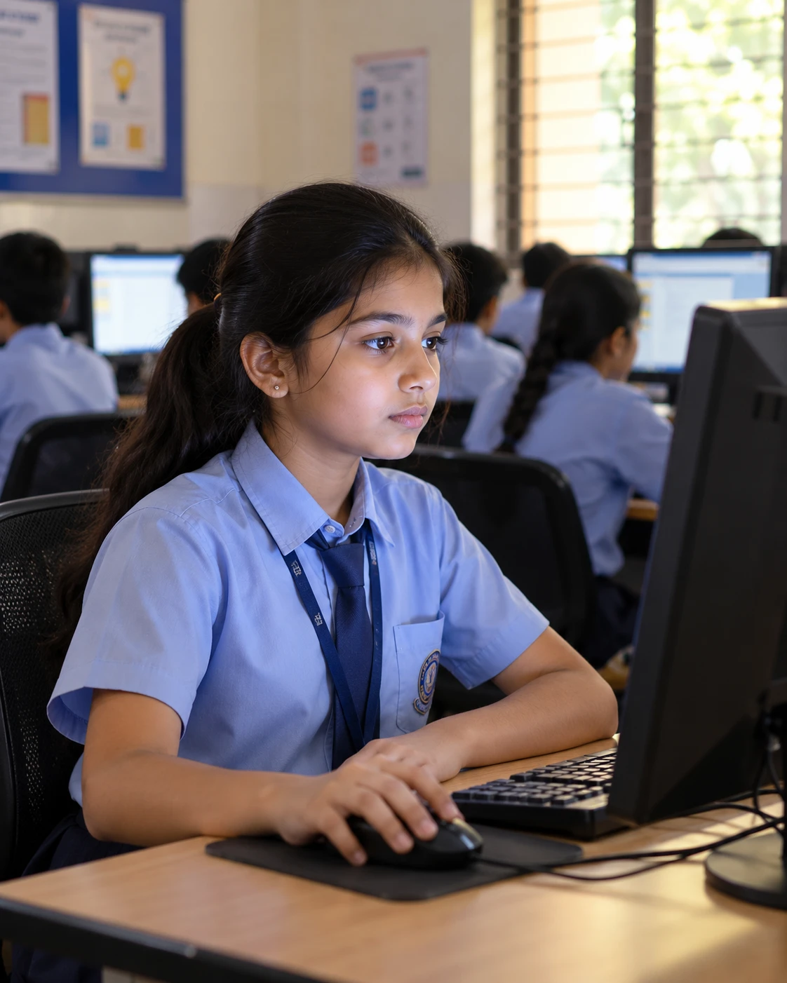 A student using a desktop computer in a school computer lab