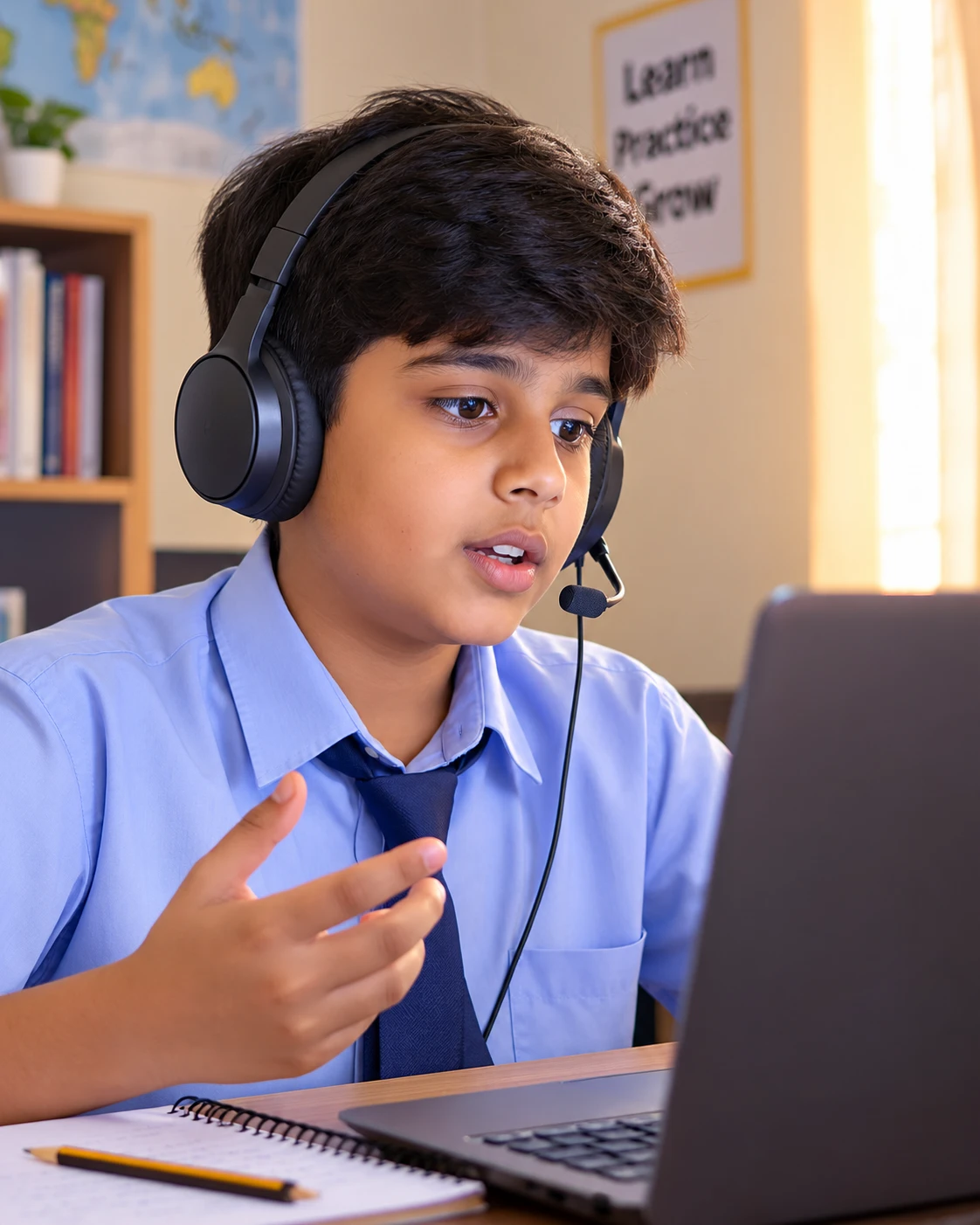 A student speaking an answer into a headset microphone