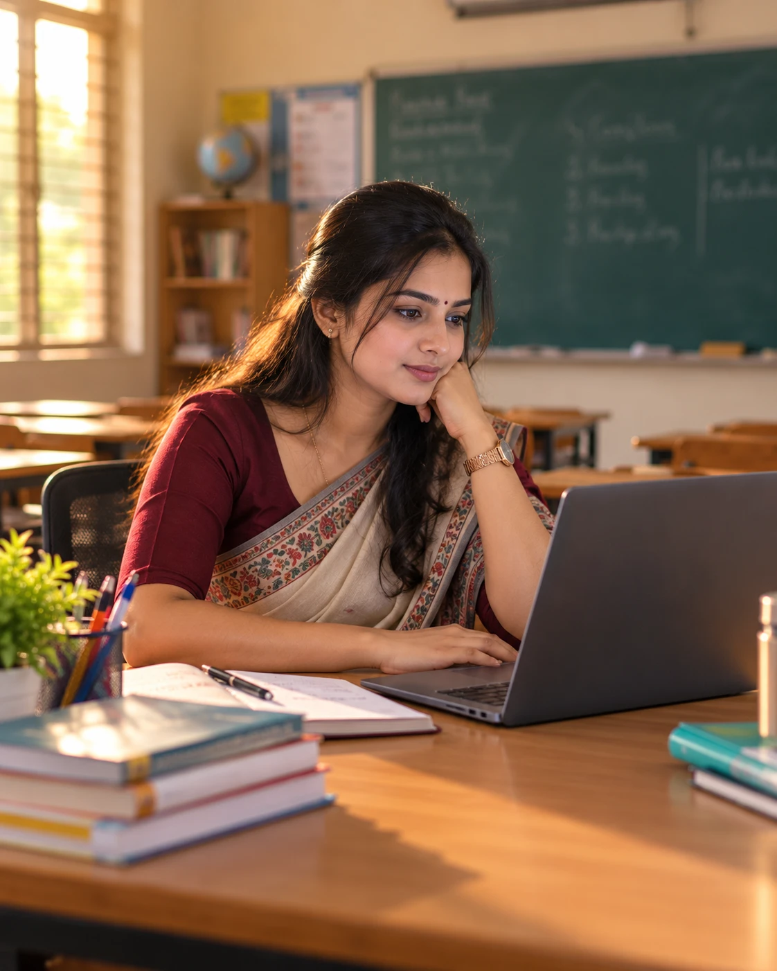 A teacher preparing a lesson on a laptop