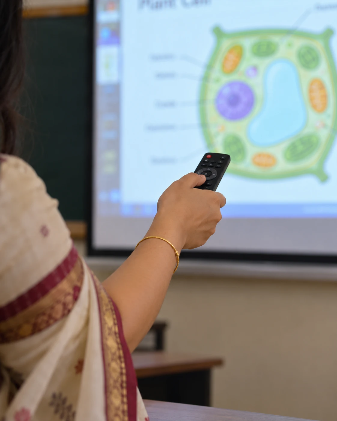 A teacher's hand holding a TV remote